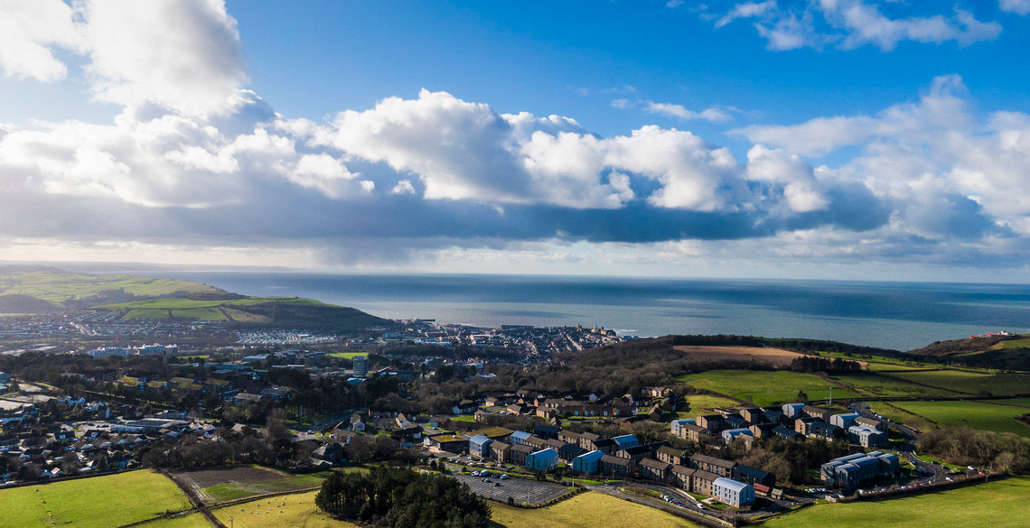 Drone image of Aberystwyth town from Penglais hill. 
