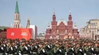 Soldiers at a traditional Victory Day parade in Red Square, Moscow. Xinhua/Alamy