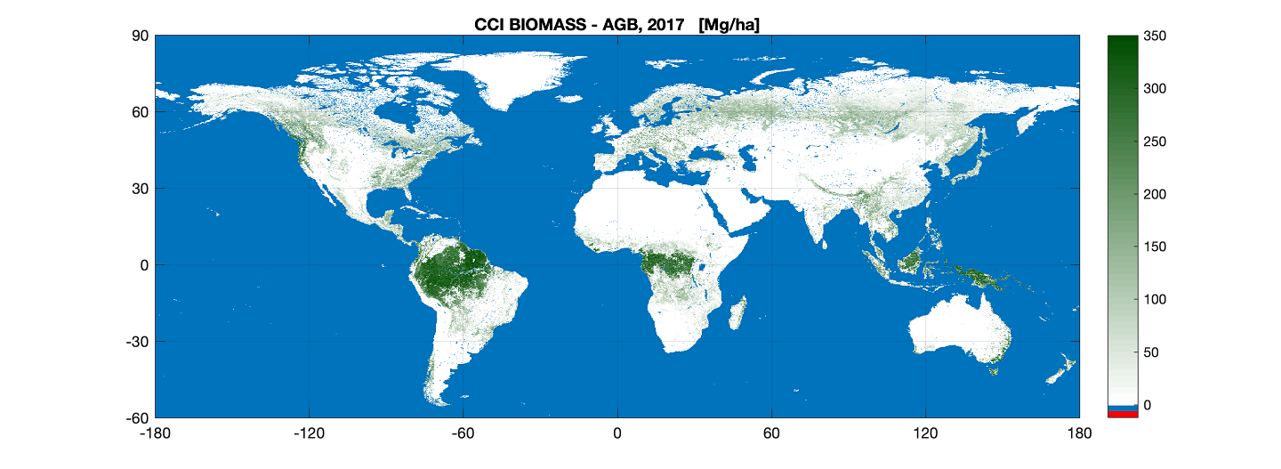 Map Biomas (llun ESA) – Defnyddiwyd data lloeren i greu map o Biomas uwchben y tir ar gyfer 2017-18. Mae’r map newydd yn defnyddio data optegol, lidar a radar a gasglwyd yn 2017 a 2018 gan loerenni niferus sy’n arsylwi’r ddaear, a dyma’r un cyntaf sy’n integreiddio canfyddiadau niferus o daith Copernicus Sentinel-1 a thaith ALOS Japan.
