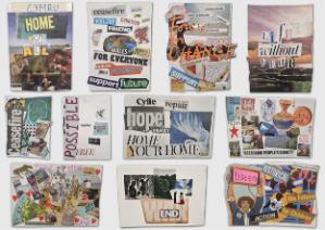 Creodd cyfranogwyr y gweithdy ddarnau collage i gyfleu beth mae heddwch yng Nghymru yn ei olygu iddynt.