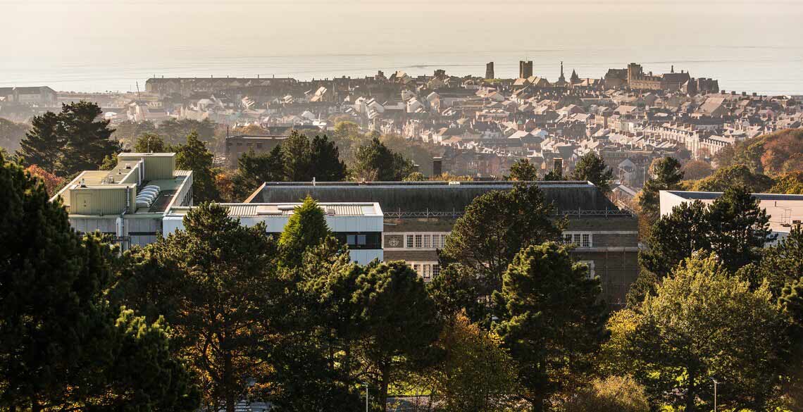 Penglais Campus looking down to Aberystwyth seafront. 