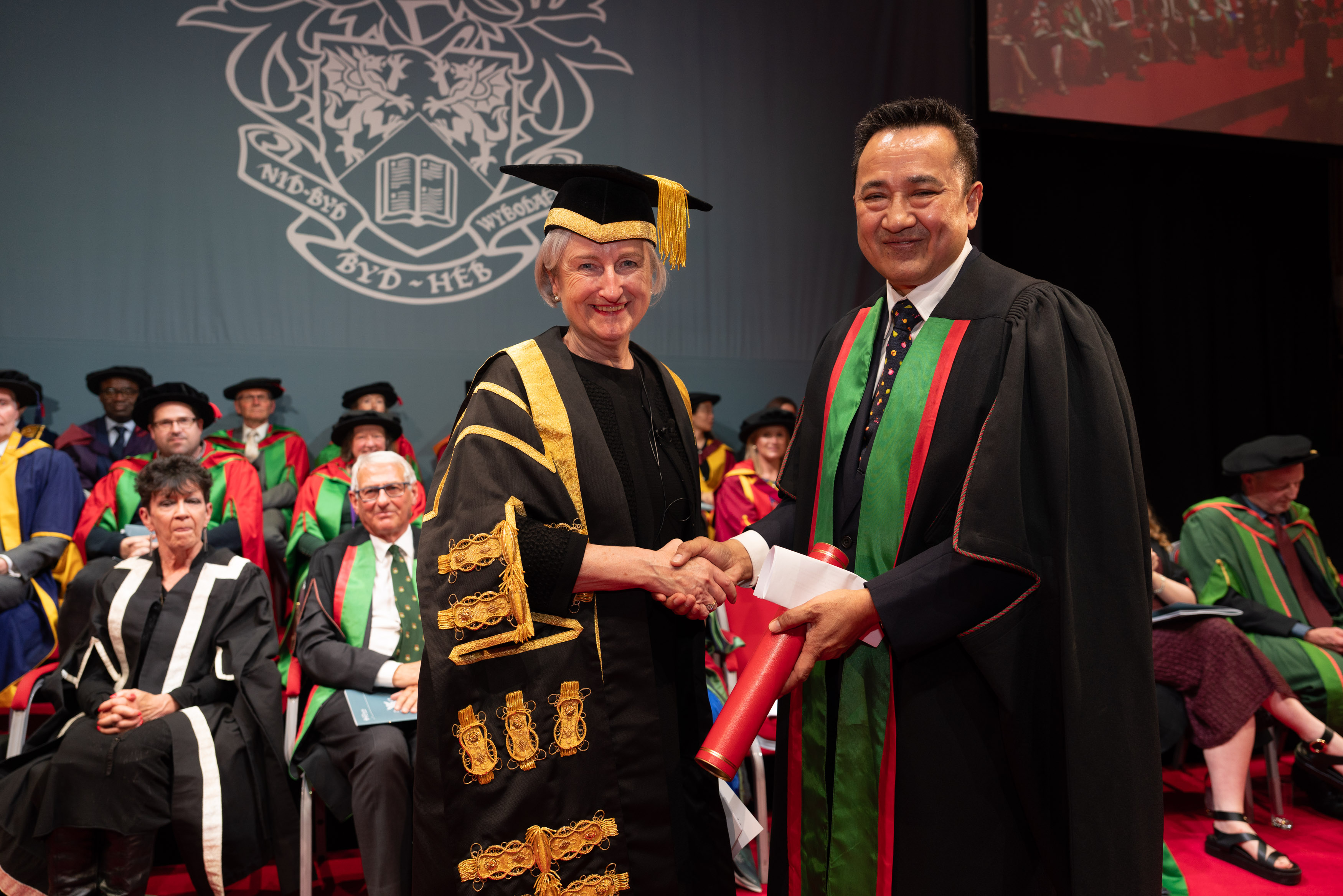 Chancellor of Aberystwyth University, The Right Honourable Lady Justice Nicola Davies DBE, with Jamal Hassim, Honorary Fellow