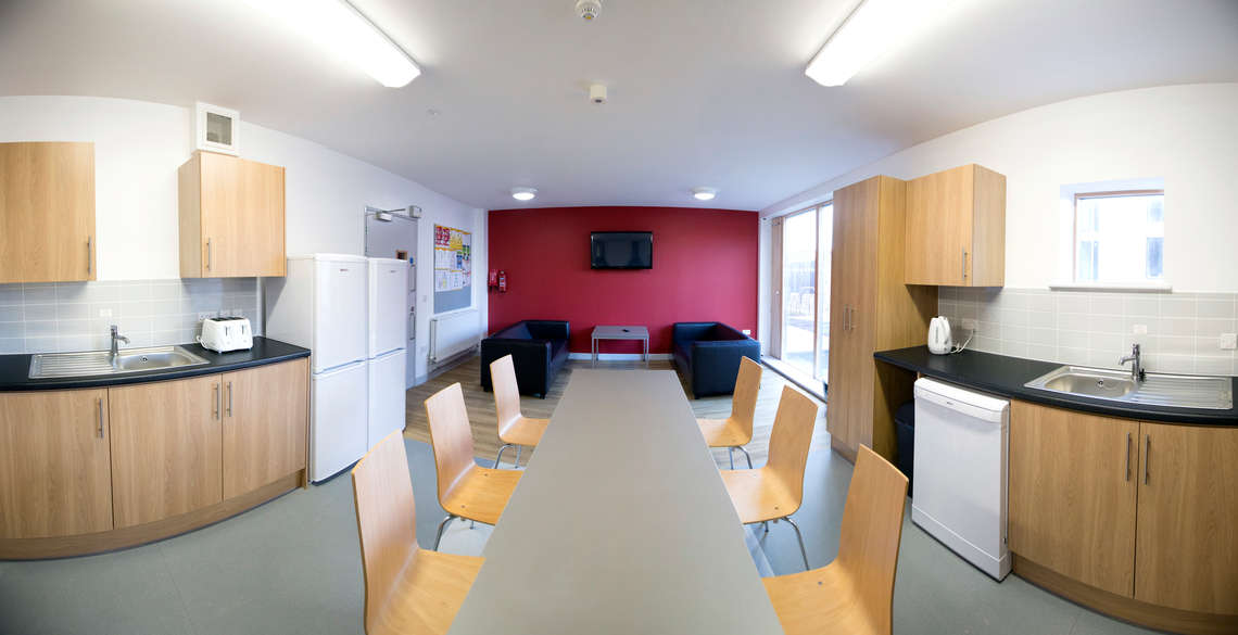 A kitchen in one of the flats in Fferm Penglais