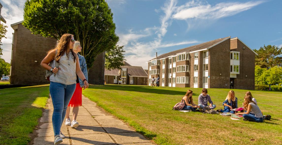 Students sitting on the grass in front of Cwrt Mawr, enjoying the sunshine.