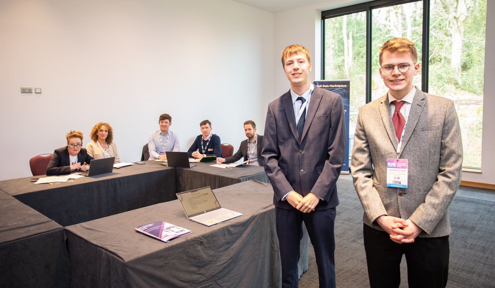 L to R: Aberystwyth students Oscar Tikadar and Jonathan Turnbull with the competition judges