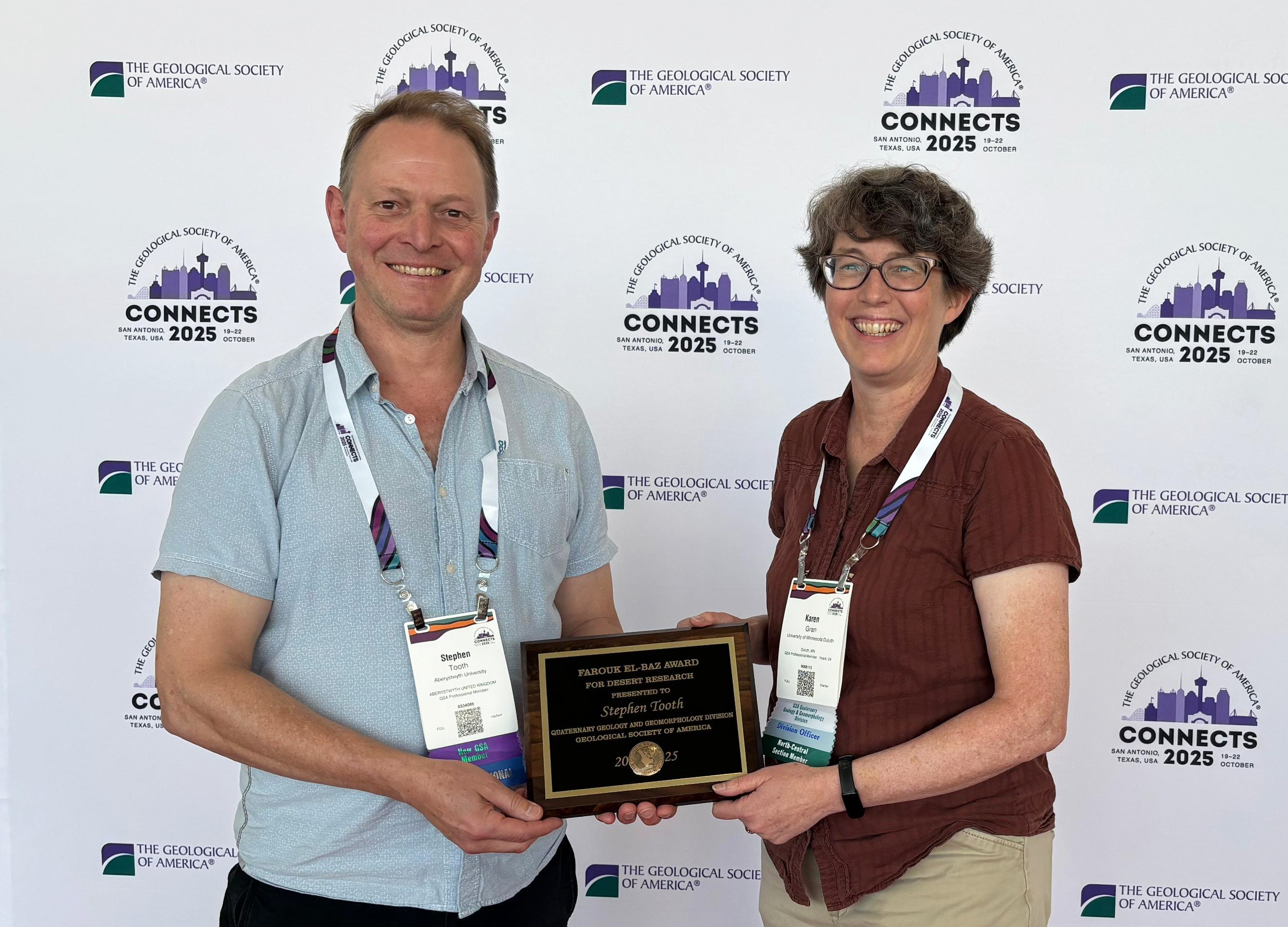 Professor Stephen Tooth with Professor Karen Gran, Chair of the Quaternary Geology and Geomorphology Division of the Geological Society of America
