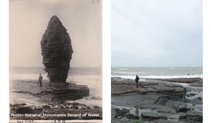 Left: Photograph of Egg Rock dated 1908. Photo Credit: From the collections of the National Monuments Record of Wales: David John Saer Album Collection
Right: Photograph of the coastline where Tŵr Gweno / Egg Rock once stood. February 2023. Photo credit: Professor Stephen Tooth, Aberystwyth University