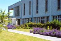 Colour photograph of the front of Thomas Parry Library of College Librarianship Wales, Llanbadarn Campus, Aberystwyth, with Summer shrubs and flowers in bloom.