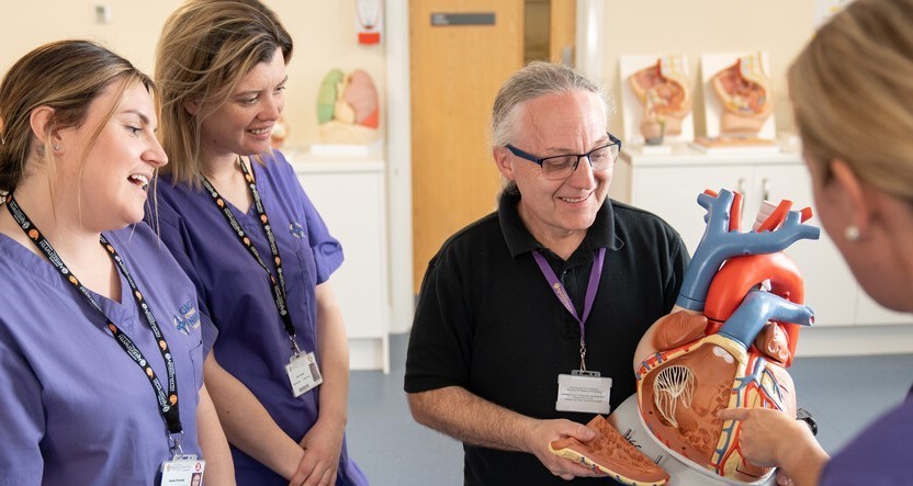 Lecturer showing student nurses 3d model of the heart.