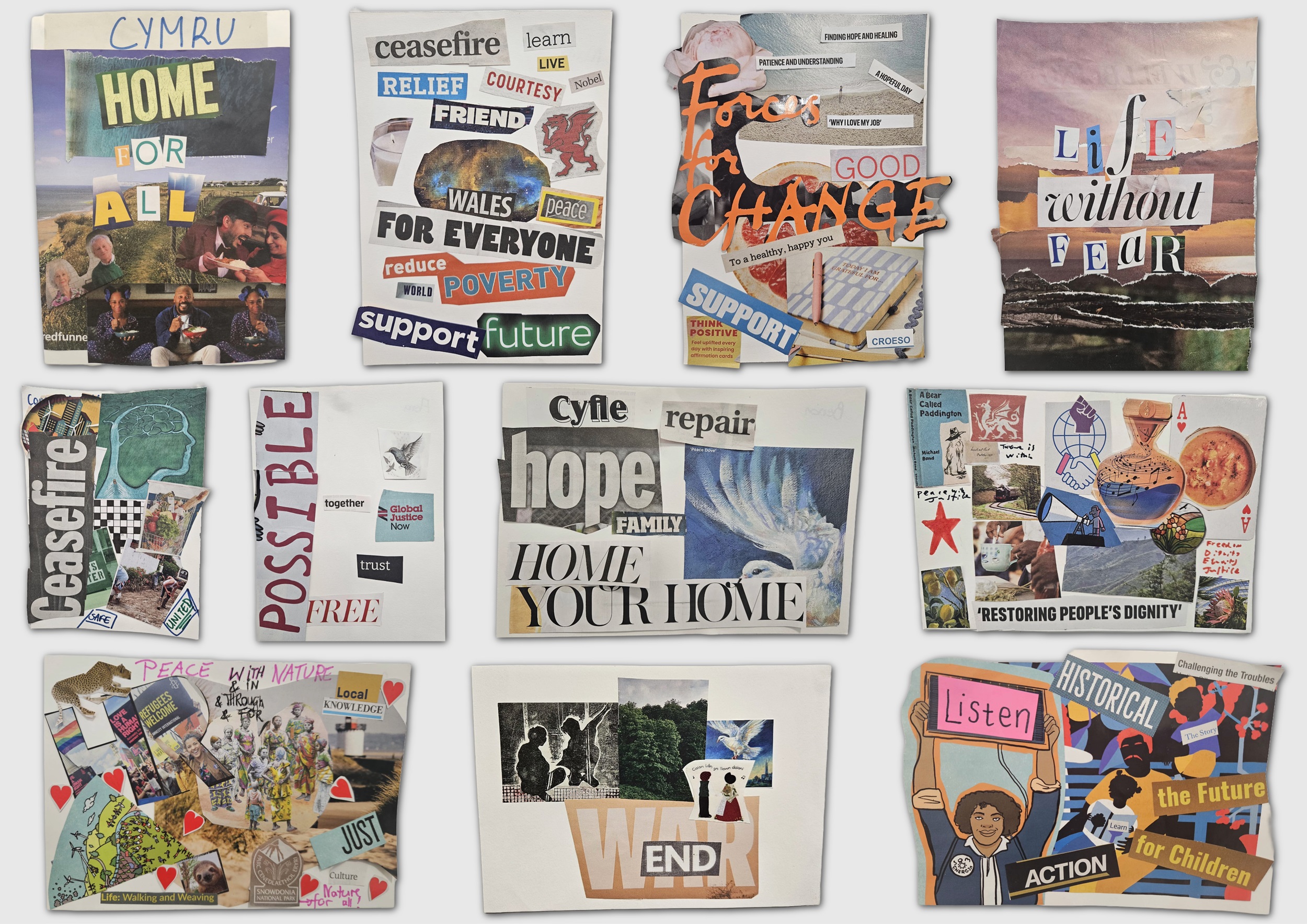 Workshop participants created collages to convey what peace in Wales means to them.