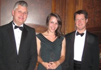 Victoria Franks winner of SET (Europe) Biology Student of the Year 2011 award with Dr Mark Downs, CEO of the Society of Biology (left) and Dr Rupert Marshall from the Institute of Biological, Environmental and Rural Sciences at Aberystwyth University.