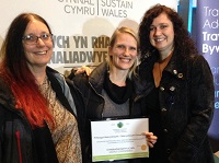 Aberystwyth University staff with the Highly Commended award at the Sustain Wales Awards. L to R: Mary Jacob from the E-Learning Team, Dr Paula Hughes, and Professor Jo Hamilton from the Instititute of Biological, Environmental and Rural Sciences.