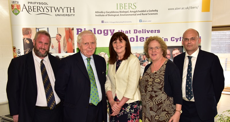 Cabinet Secretary for Environment and Rural Affairs, Lesley Griffiths AM (centre) at the launch of the new £4.2m state-of-the-art veterinary hub at Aberystwyth University. Also pictured are (left to right) Professor Jamie Newbold, Professor of Animal Sciences at IBERS; Sir Emyr Jones Parry, Chancellor of Aberystwyth University; Professor Elizabeth Treasure, Vice-Chancellor of Aberystwyth University; and Professor Mike Gooding, Director of IBERS.