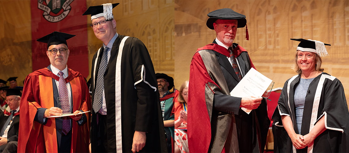 Professor Colin McInnes (left) with Professor Tim Woods; and Professor Paul Shaw (right) with Dr Anwen Jones receiving their Exceptional Impact Awards