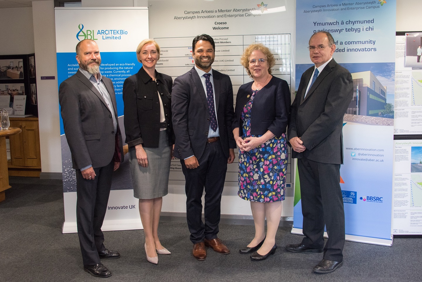 From the left: Dr David Bryant BEACON, Dr Rhian Hayward Aber Innovation, Dr Ahbishek Somani, Founder ARCITEKBIO, Professor Elizabeth Treasure Vice Chancellor Aberystwyth University, and Dr Joe Gallagher BEACON, at the AberInnovation Office.