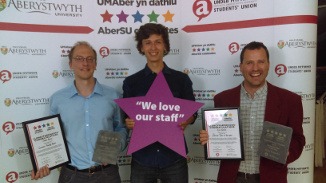 Jukka (left) and Kim (right), with mathematics student Bruce Wight, the AberSU Development Officer elect.