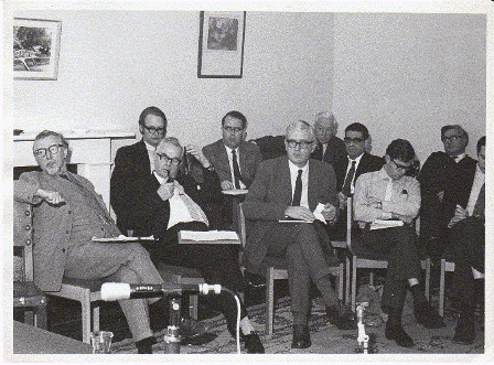 50th anniversary of the formation of the Department of International Politics, Gregynog, 1969. Features: S.R. Purnell (front row, far left); Ieuan John (front row, second from left); David Steeds (back row, second from left); Sir Ben Bowen Thomas (back row, third from left); R. Ovendale (front row, fourth from left). 