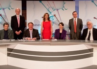 Referendum 2011 - The Power Debates: Betsan Powys (centre), Professor Mike Foley (standing left), Head of the Department of International Politics, and Professor Roger Scully (standing right) Head of the Institute of Welsh Affairs, with members of the panel.
