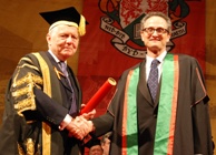 University President, Sir Emyr Jones Parry, presents a Fellowship to Oscar winner and Aberystwyth alumnus, Dr Jan Pinkava, during Graduation 2012.