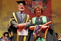 Vice President of Aberystwyth University, Dr Glyn Rowlands, presenting Baroness Kay Andrews as Fellow of Aberystwyth University.