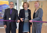 Aberystwyth University Pro Chancellor, Elizabeth France (Centre) opens the new learning and teaching facilities in the Llandinam Building, with Nigel Thomas, Learning Spaces Design Development Manager and architect Nia Jeremiah.