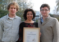 Celebrating the awarding of the EcoCampus Silver certificate; Aberystwyth University Energy Advisor Janet Sanders (centre) with colleagues Chris Woodfield (left) and James Pickerin.