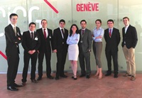 (Left to right): Cyber 9/12 team members Chris Dennett, Alain Bouwman, Nick Bruetsch, Sam Smales, Grant Alger, Maihanna Murphy, Andrew Gilbert and Ian Goertz with Dr Madeline Carr (Centre)