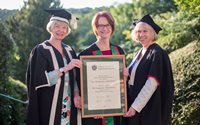 Aberystwyth University Fellow, The Honourable Julia Gillard (Centre) with Professor April McMahon, Vice-Chancellor (left) and Dr Jenny Mathers, Head of the Department of International Politics (right)