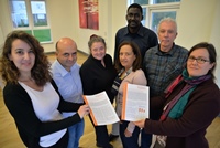 Members of IMPRESA meeting at Aberystwyth University; (left to right) Myriam Doghmi, Euroquality; Davide Viaggi, University of Bologna; Dominique Barjolle, FiBL (Research Institute of Organic Agriculture; Danielle Barret, CIRAD, France (Project Advisor); Abdoulaye Saley Moussa, UN Food and Agriculture Organization; Peter Midmore, Aberystwyth University; and Simone Sterly, IfLS - Institute for Rural Development Research, Johann Wolfgang Goethe University, Frankfurt