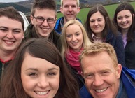 Selfie taken by Elliw James with Adam Henson Countryfile presenter, Dyfed Davies, Cennydd Owen Jones and Hanna Thomas; Dafydd Evans, Lynwen Mathias and Teleri Evans.