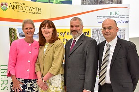 L-R Christianne Glossop Chief Vet, Lesley Griffiths AM, Professor Chris Thomas and Professor Mike Gooding