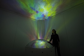 Aurora effect within 'Particles' installation using video projection and mirror dome, Jessica Lloyd-Jones 2016. Credit: Andrew Gale