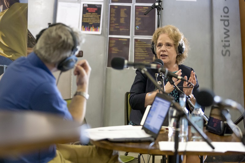 The Vice-Chancellor of Aberystwyth University, Professor Elizabeth Treasure, being interviewed on BBC Radio 4’s Today programme by Justin Webb.