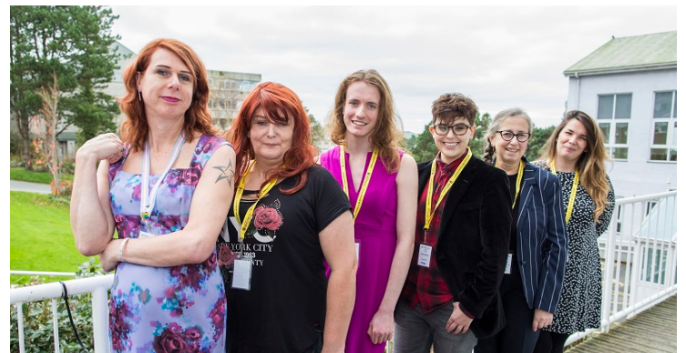 Contributors to All Our Trans Tomorrows (left to right) Kate Rose from the Welsh Government, Kate Hutchinson of Diversity Role Models, Crash Wigley from Stonewall Cymru, CN Lester, Debra Croft, former Director of Equality at Aberystwyth University and Ruth Fowler Communications and Equalities Officer at Aberystwyth University