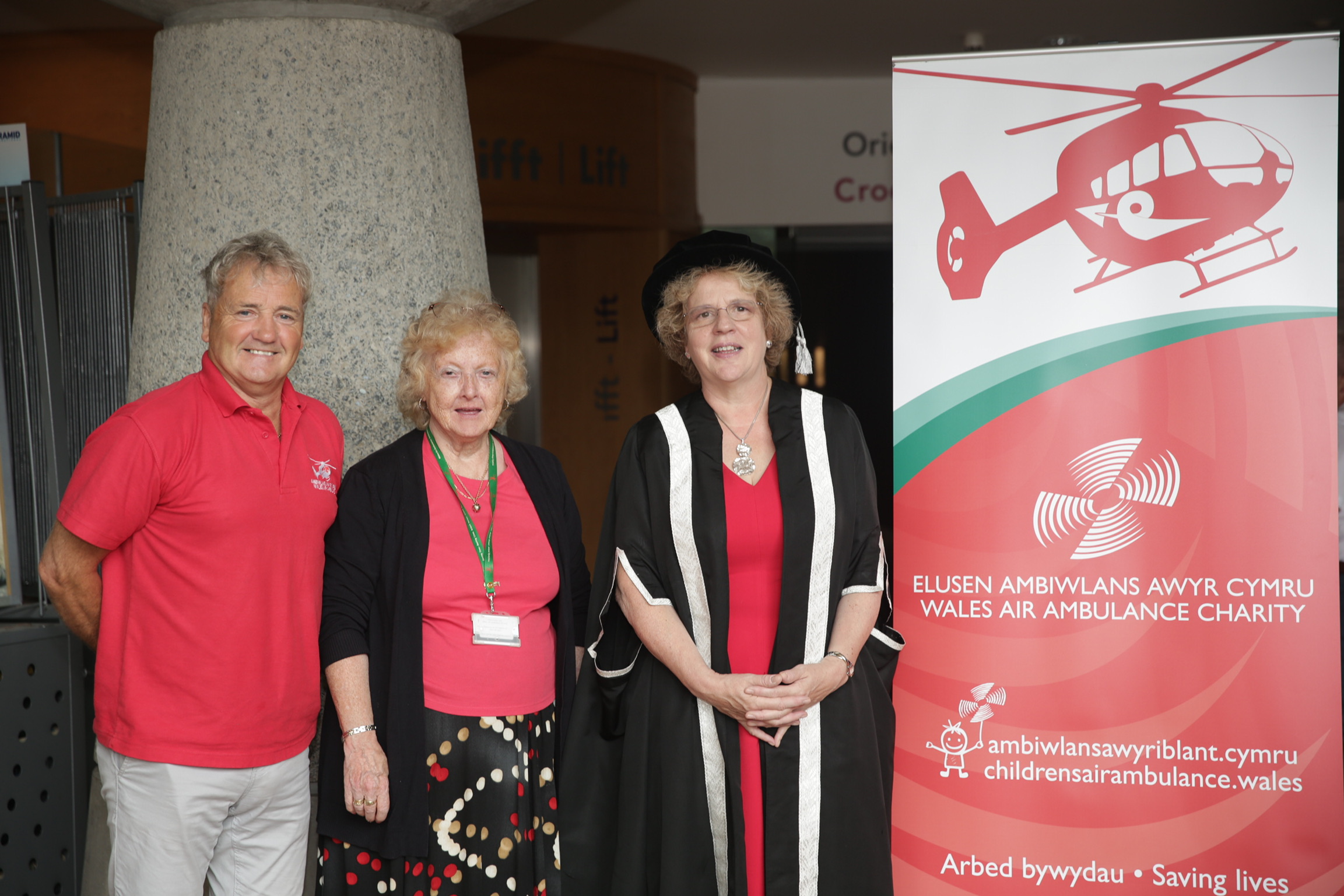 Aberystwyth University Vice-Chancellor’s Charity of the Year 2018-19: Left to right:  Aneurin Roberts, Wales Air Ambulance Community Co-ordinator for Ceredigion; Morfudd Williams, Wales Air Ambulance volunteer and Professor Elizabeth Treasure, Aberystwyth University Vice-Chancellor