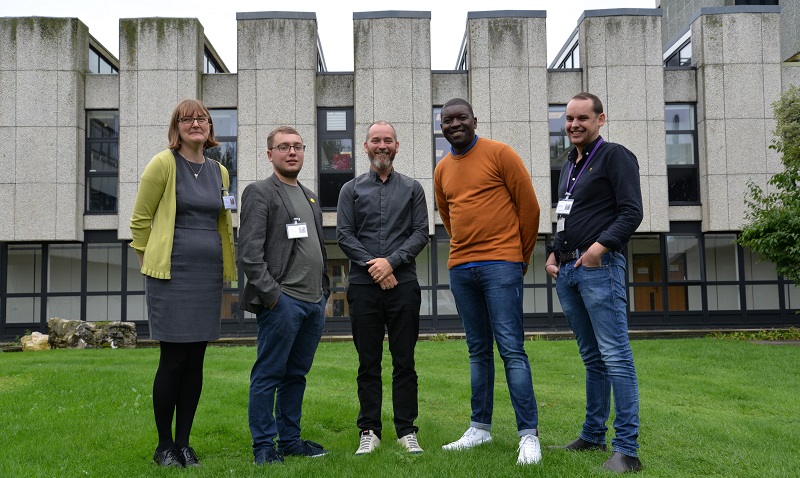Left to Right: Aberystwyth E-learning Group Manager Kate Wright, Oliver Wood, Professor Jonathan Shaw and Thamu Dube from the Distuptive Media Learning Lab, Coventry University, and Dr James Woolley, E-learning Enhancement & Engagement Theme Leader at Aberystwyth University and organiser of the learning and teaching conference.
