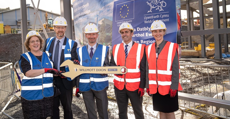 (left to right): Professor Elizabeth Treasure, Vice-Chancellor of Aberystwyth University; Peter Ryland, Deputy Director, Welsh European Funding Office at Welsh Government; Paul Gemmill, Chief Operating Officer, BBSRC; Neal Stephens, Managing Director at Willmott Dixon and Dr Rhian Hayward MBE, Chief Executive Officer at Aberystwyth Innovation and Enterprise Campus