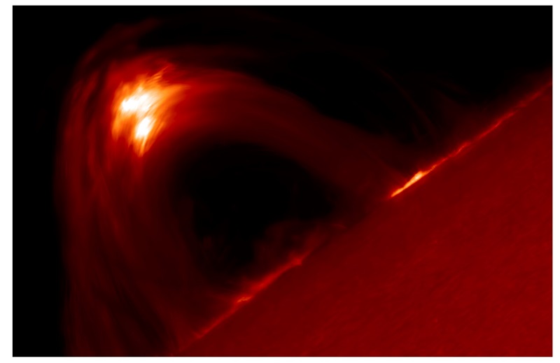 An image taken by the Swedish Solar Telescope of the coronal magnetic loops during the strong solar flare on September 10, 2017. The hight of the loop arcade is about 25,000km, twice the diameter of Earth.