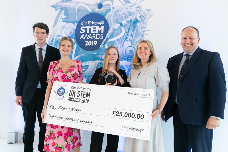 Left to right: Henry Bodkin, Health and Science Correspondent, The Telegraph; Rachel Riley, Presenter; Eleanor Wilson, STEM Awards 2019 winner Aberystwyth University; Jo Morrell, Managing Editor, The Telegraph and John Howie MBE, Chief Executive, Marine, Babcock International