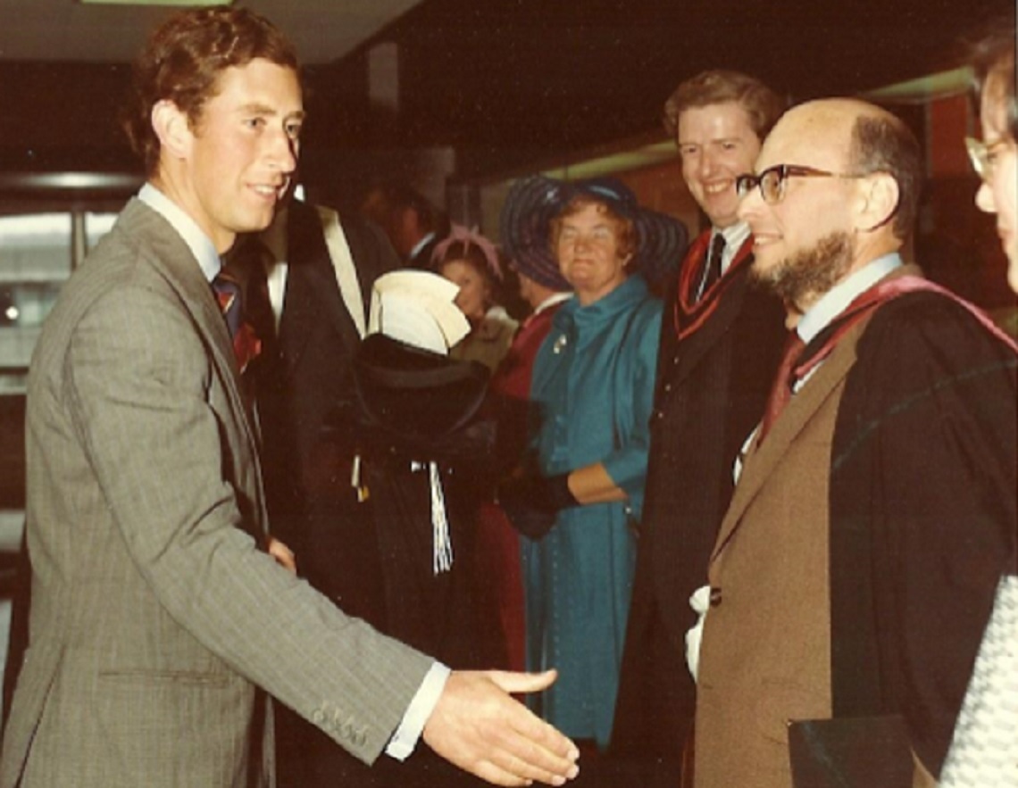 William (Wolfgang) Dieneman (right) former Aberystwyth University Librarian with Prince Charles at the official opening of Hugh Owen Library.