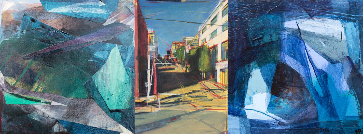 Artworks from the exhibition - Nant-y-moch 3 by Alicia Webster, Seattle Downtown by Tom Voyce, and Blues by Rachel Rea