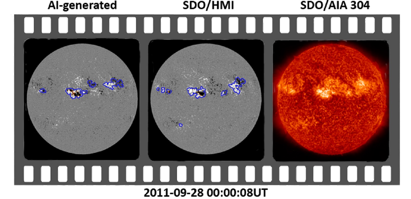 AI-generated, observed magnetograms and EUV images of the Sun. Photo credit: Liu et al. Nature Astronomy, 2021