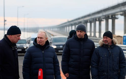Russian president Vladimir Putin visits the Kerch bridge linking Russian-occupied Crimea with the Russian mainland, after an attack damaged it. AP/Alamy