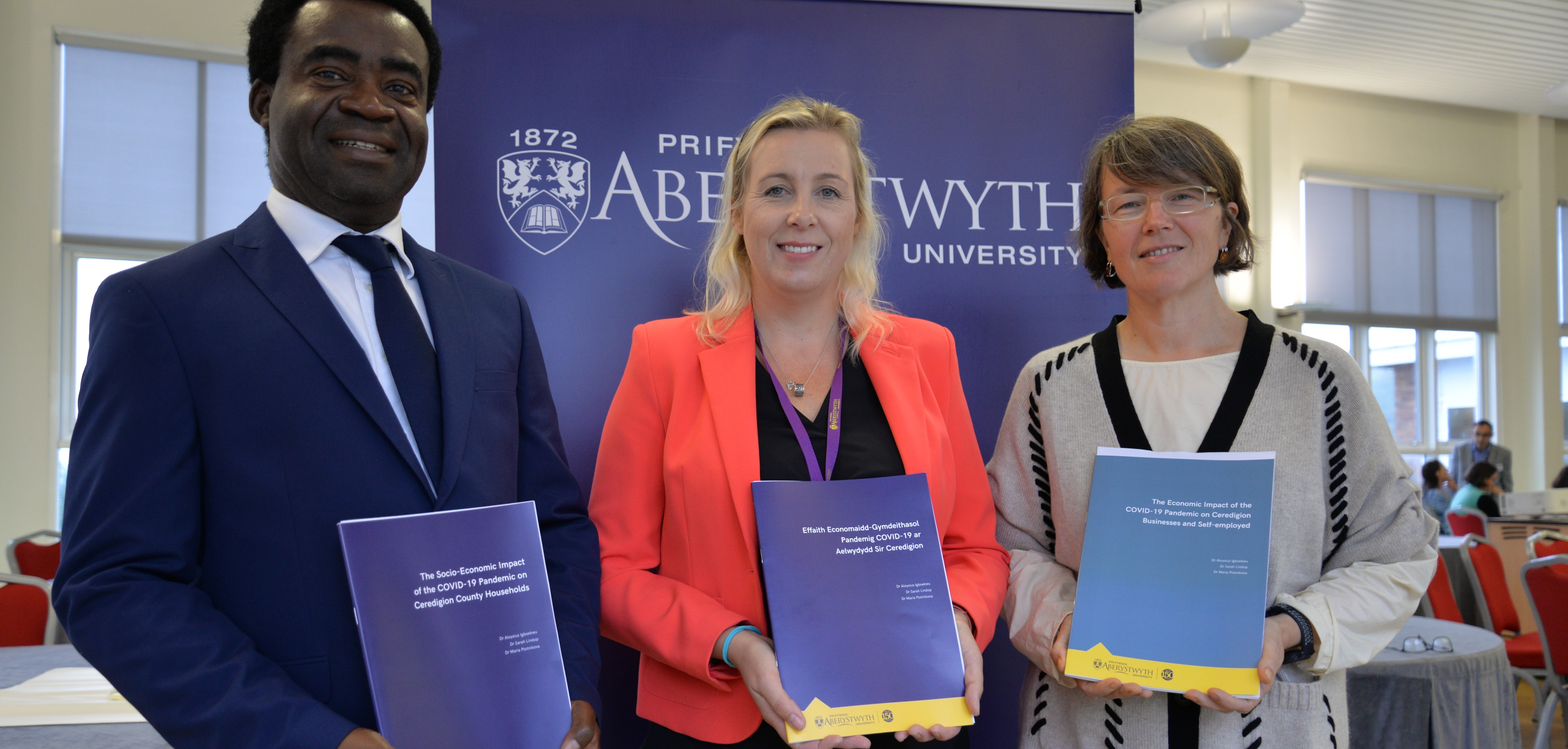 Left to right: Dr Aloysius Igboekwu, Dr Sarah Lindop and Dr Maria Plotnikova from the Aberystwyth Business School who studied the effects of the COVID-19 pandemic on businesses and households in Ceredigion.