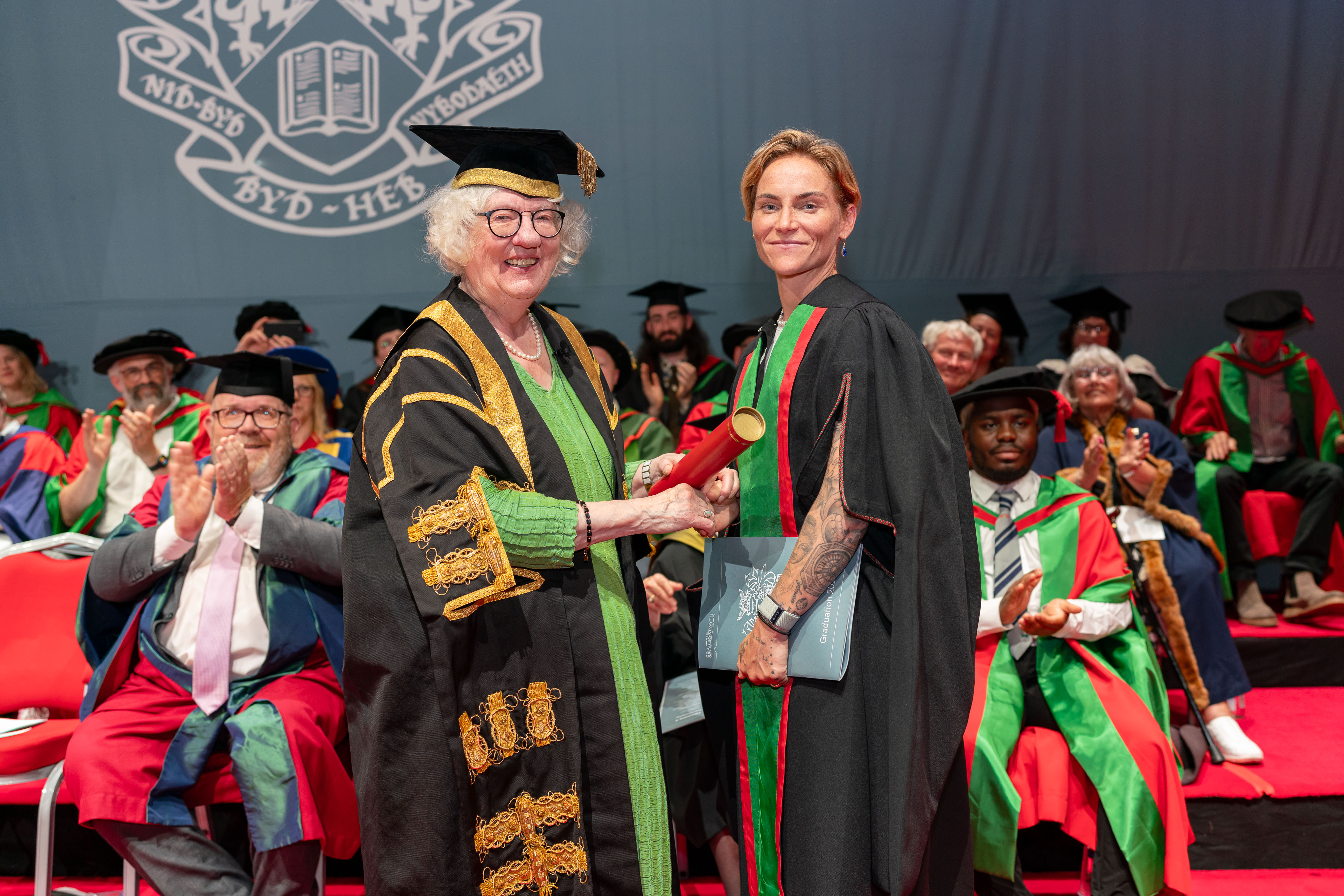 Professor Dame Elan Closs Stephens DBE, Pro Chancellor of Aberystwyth University, presenting Jess Fishlock as an Honorary Fellow