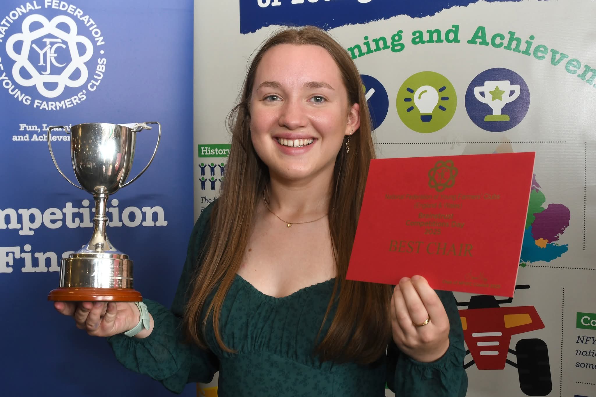 Charlotte Lewis with her award as Best Chair in the Under 21 Brainstrust over England and Wales.