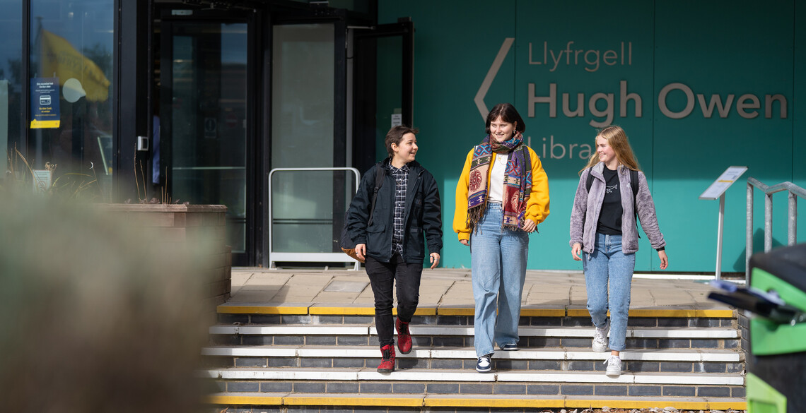 Students outside the Hugh Owen Library